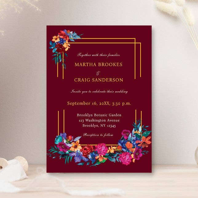 Convite Watercolor Mexicano Fiesta Flower Wedding Burgundy (Criador carregado)