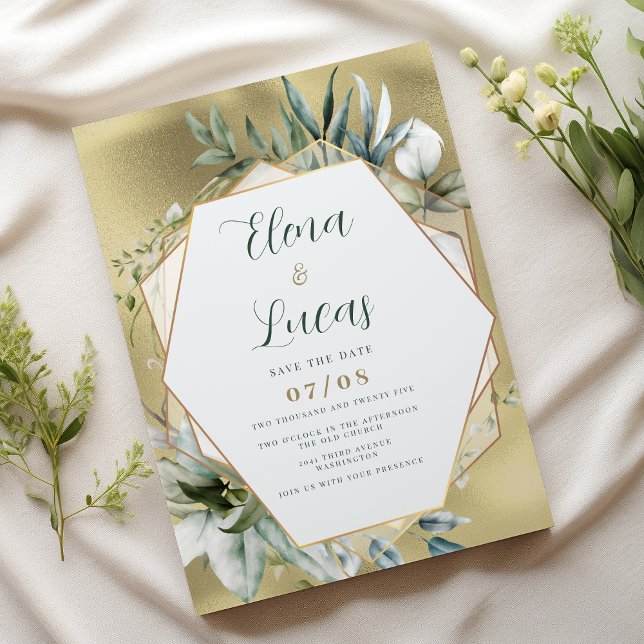 Convite Watercolor mint gold foliage geometric wedding (Watercolor mint gold foliage geometric wedding)