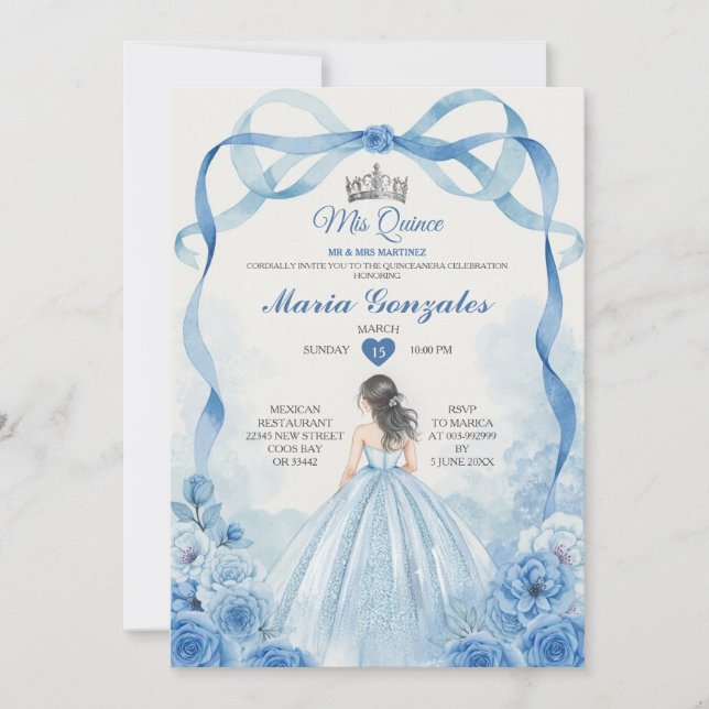 Convite Watercolor Mis Quince Dusty Blue Quinceañera (Frente)