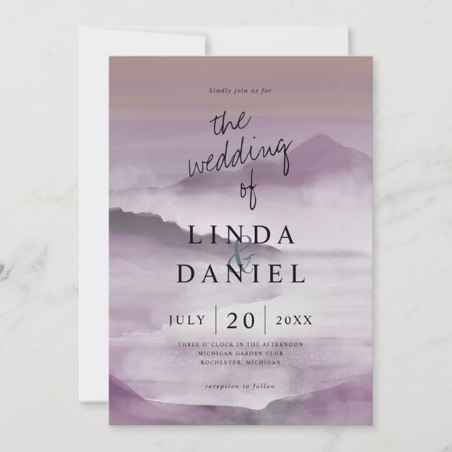 Convite Watercolor Mistura Montanhas, blush, casamento ros (Frente)