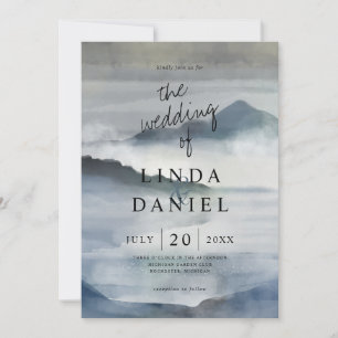 Convite Watercolor Mistura Montanhas Indígo Casamento Azul