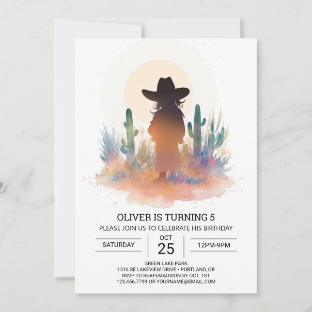 Convite Watercolor Modern Cowboy Birthday (Frente)