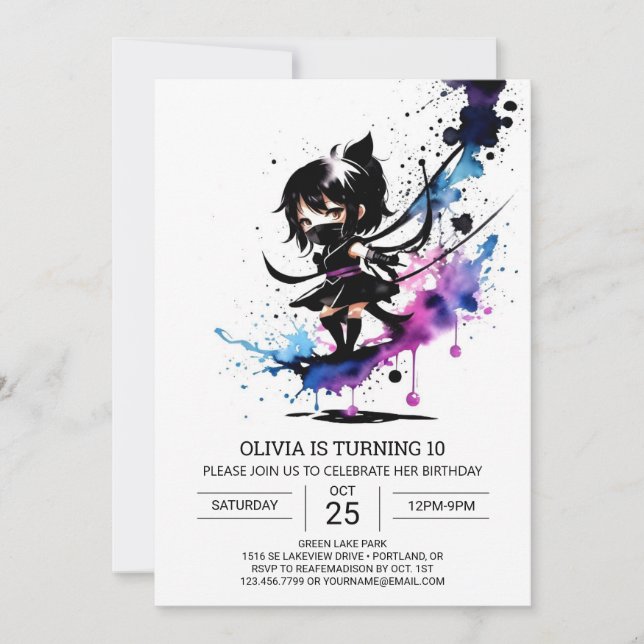 Convite Watercolor Modern Ninja Girl Birthday (Frente)