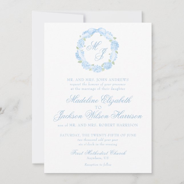 Convite Watercolor Monograma Blue Hydrangea Wreath Casamen (Frente)