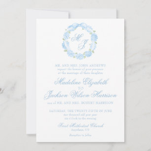 Convite Watercolor Monograma Blue Hydrangea Wreath Casamen