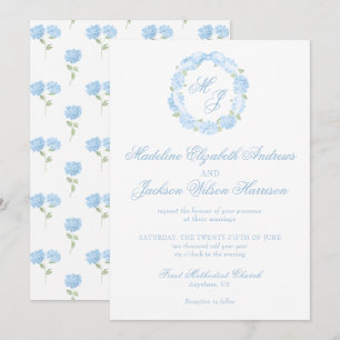 Convite Watercolor Monograma Blue Hydrangea Wreath Casamen