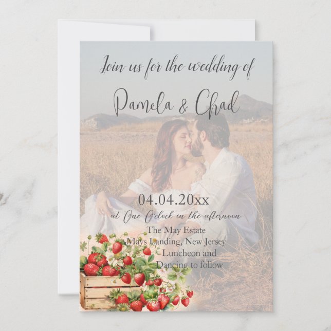 Convite Watercolor Morangos Foto QR Code Casamento (Frente)