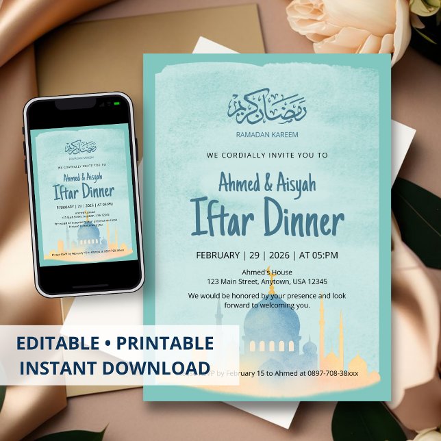 Convite Watercolor Mosque Ramadan Iftar Party Invitation (Criador carregado)