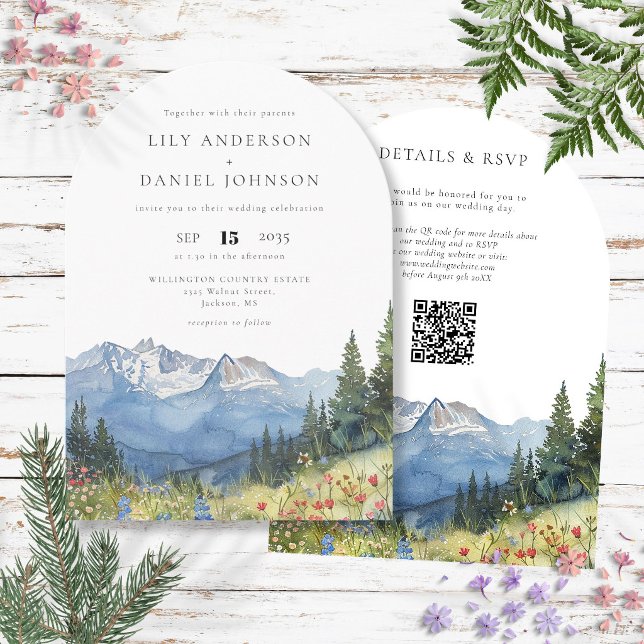 Convite Watercolor Mountain Flowers Código QR Arch de Casa (Watercolor Mountain Flowers QR Code Wedding Arch Invitation)