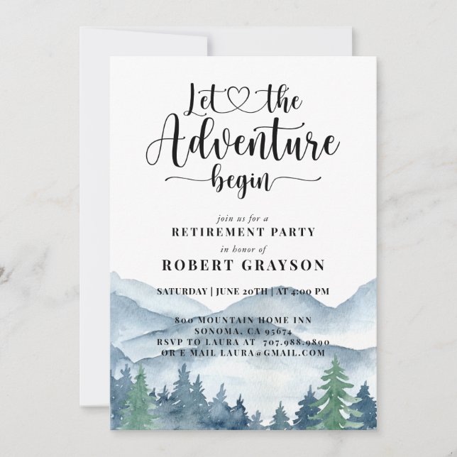 Convite Watercolor Mountain Forest Retirement Party (Frente)