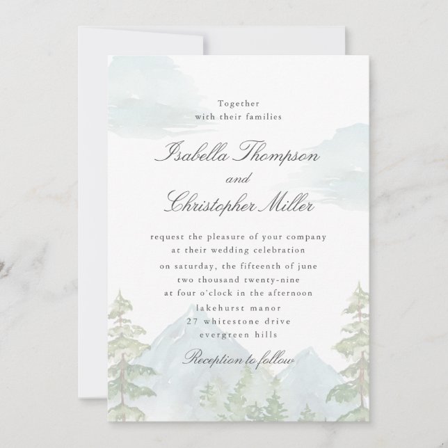 Convite Watercolor Mountain Forest Wedding Invitation (Frente)