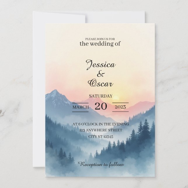 Convite Watercolor Mountain Sunrise Wedding Invitation (Frente)