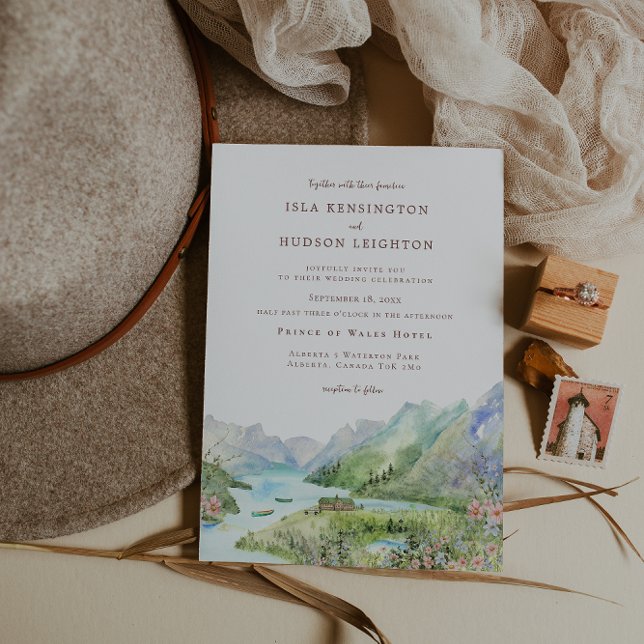 Convite Watercolor Mountain | Waterton Lakes Wedding (Criador carregado)