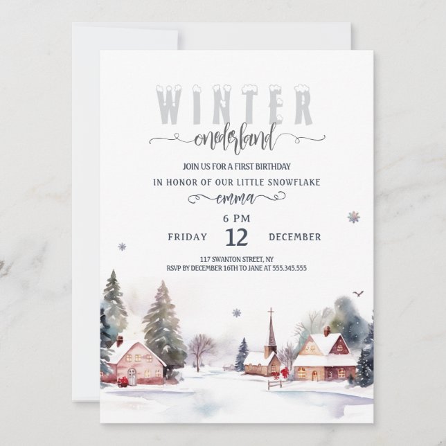 Convite Watercolor Mountain Winter onederland 1st birthday (Frente)