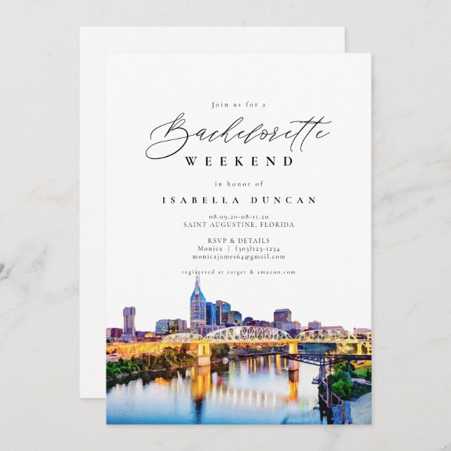 Convite Watercolor Nashville Bachelorette Itinerary e (Frente/Verso)