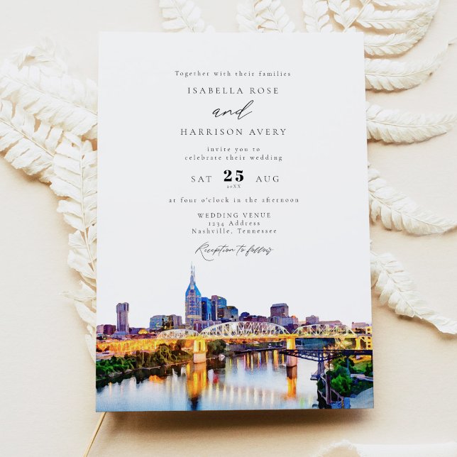 Convite Watercolor Nashville Tennessee Skyline Wedding (Criador carregado)
