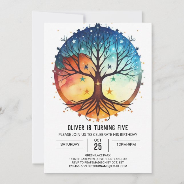 Convite Watercolor Nature Tree of Life Birthday (Frente)