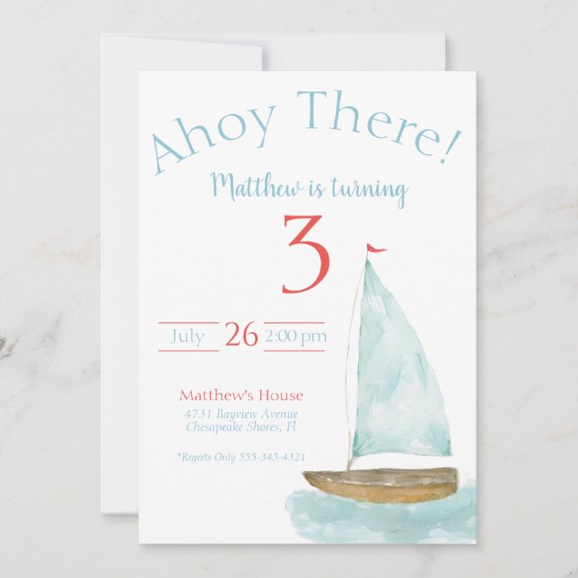 Convite Watercolor Nautical Sailboat Birthday  (Frente)