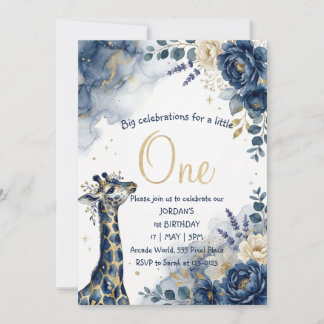 Convite Watercolor Navy Giraffe Boy First Birthday