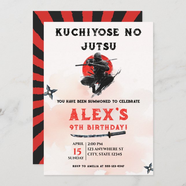 Convite Watercolor Ninja Warrior Martial Arts Boy Birthday (Frente/Verso)