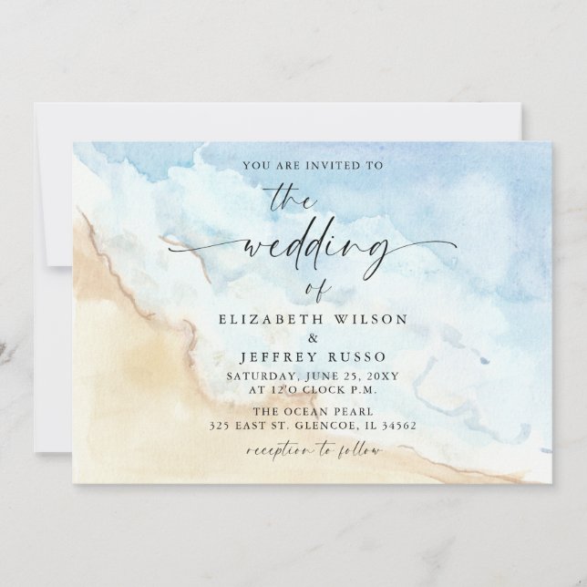 Convite Watercolor Ocean Sea Summer Beach Wedding (Frente)