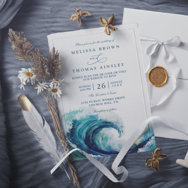 Convite Watercolor Ocean Wave Navy Blue QR Code Wedding (Criador carregado)