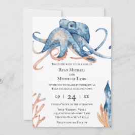 Convite Watercolor Octopus Sea Life em White Beach Weding