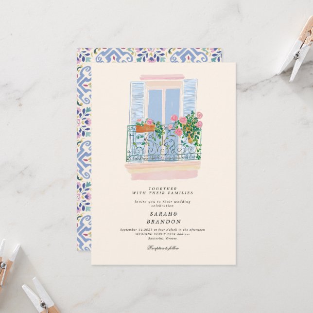 Convite Watercolor Olive Blue tile Greece Wedding  (Frente/Verso In Situ)
