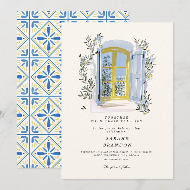 Convite Watercolor Olive Blue tile Greece Wedding  Invitat (Frente/Verso)