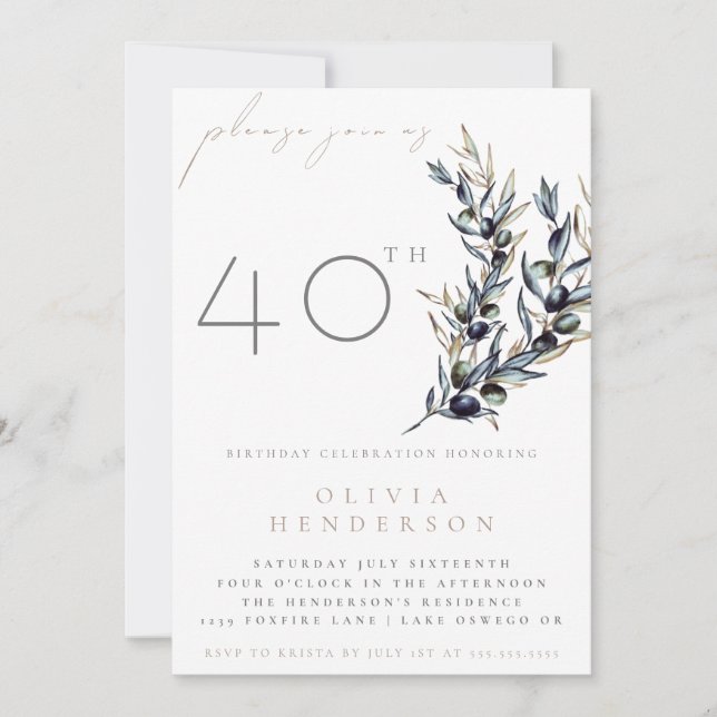 Convite Watercolor Olive Branch Adult Birthday Invitation (Frente)