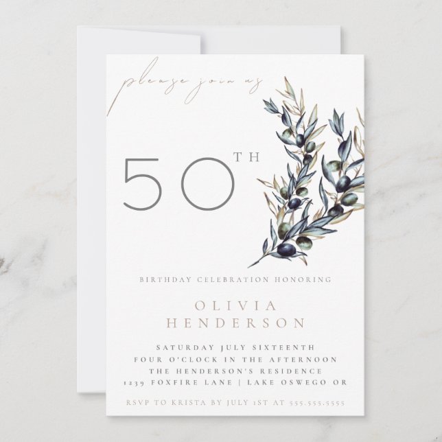 Convite Watercolor Olive Branch Adult Birthday Invitation (Frente)