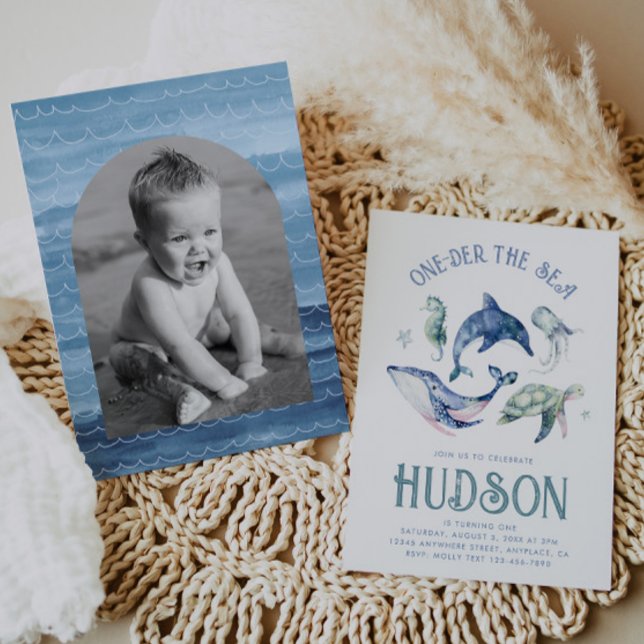 Convite Watercolor One der the Sea Invitation (Criador carregado)