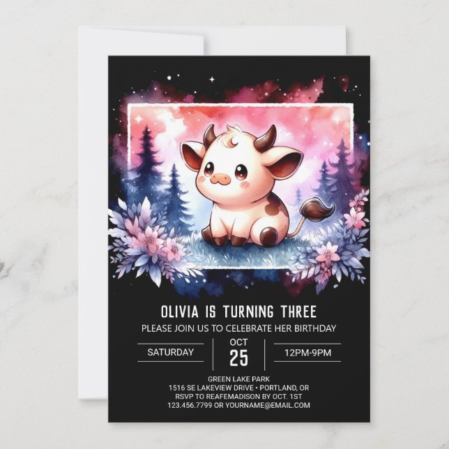 Convite Watercolor Online Cow Birday (Frente)