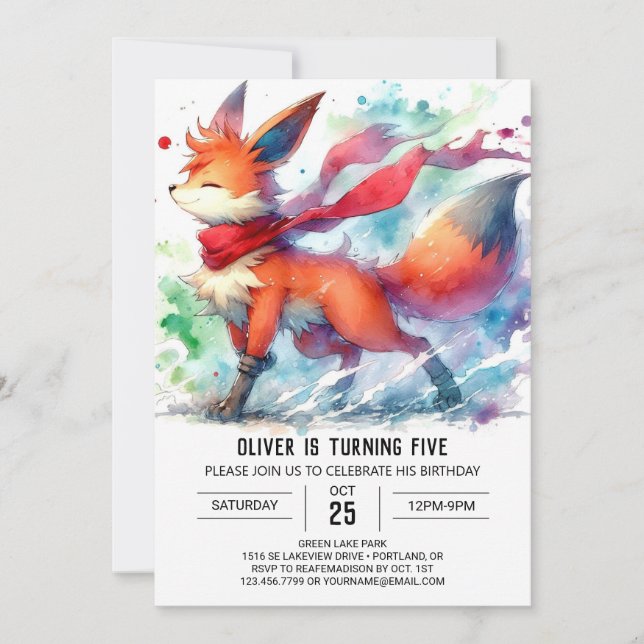 Convite Watercolor Online Fox Birthday (Frente)
