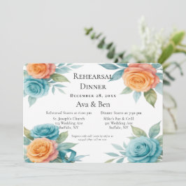 Convite Watercolor orange and Teal Rehearsal Dinner