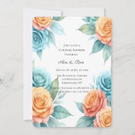 Convite Watercolor Orange and Teal Roses Couples Shower