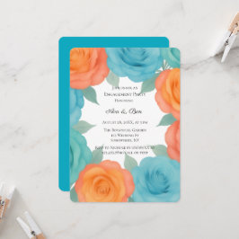 Convite Watercolor Orange and Teal Roses Engagement Party
