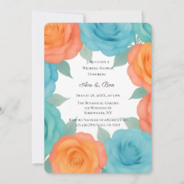 Convite Watercolor Orange and Teal Roses Wedding Shower
