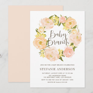 Convite Watercolor Orange Peony Wreath Baby Brunch