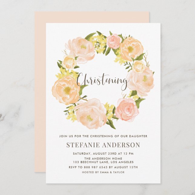 Convite Watercolor Orange Peony Wreath Christening (Frente/Verso)