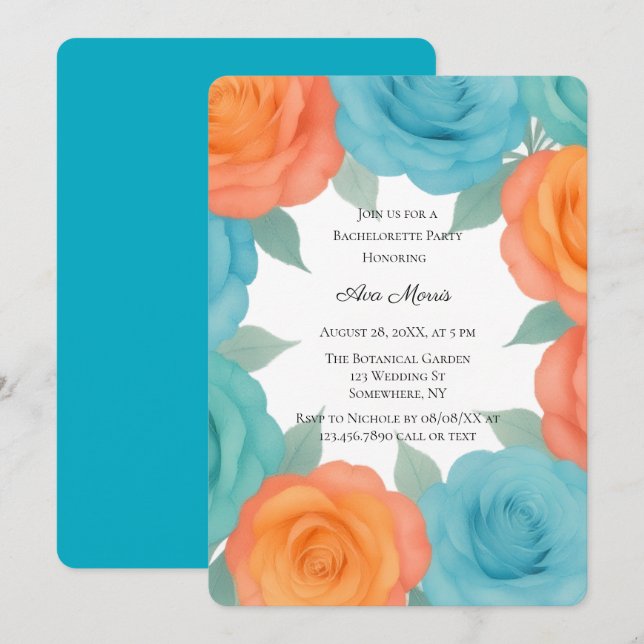 Convite Watercolor Orange & Teal Roses Bachelorette Party (Frente/Verso)