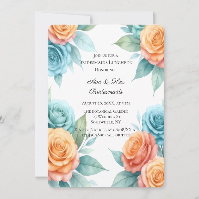 Convite Watercolor Orange & Teal Roses Bridesmaids Lunch (Frente)