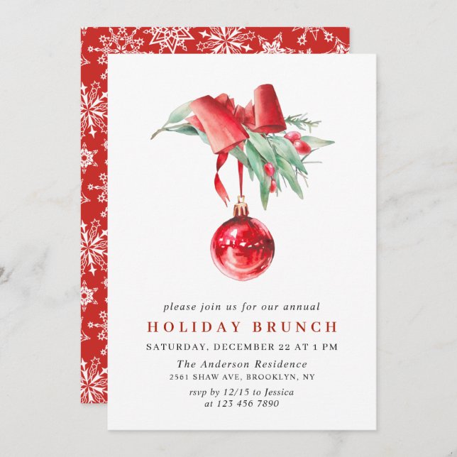Convite Watercolor Ornament CHRISTMAS HOLIDAY BRUNCH (Frente/Verso)