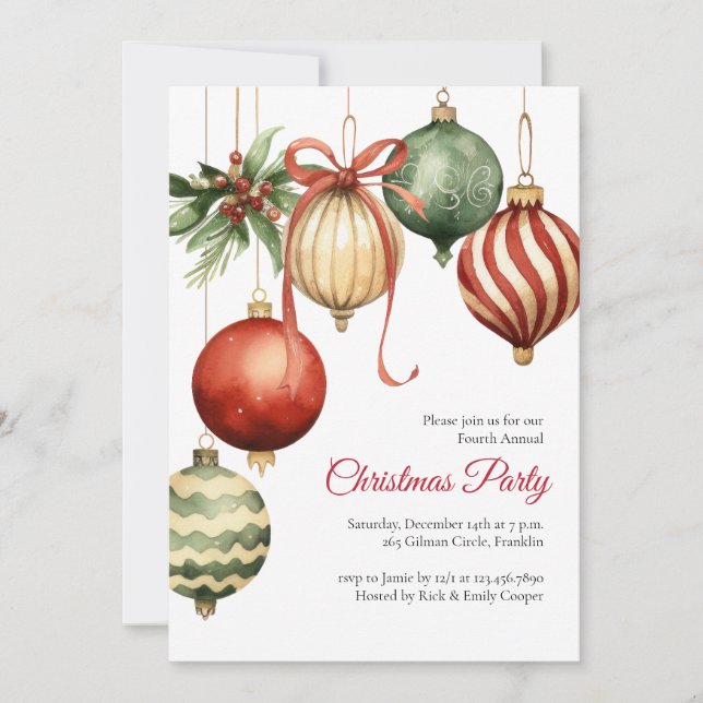 Convite Watercolor Ornaments Holiday Christmas Party (Frente)