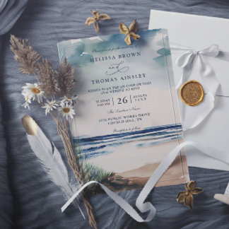 Convite Watercolor Palm And Beach Grass QR Code Wedding