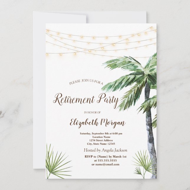 Convite Watercolor Palm String Lights Retirement Party (Frente)