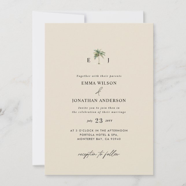 Convite Watercolor Palm Tree Destination coastal Wedding  (Frente)