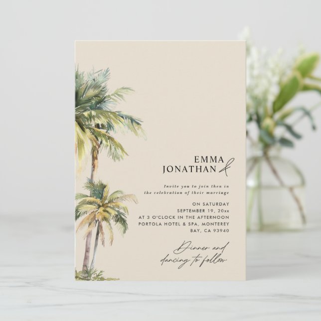 Convite Watercolor Palm Tree Destination coastal Wedding  (Em pé/Frente)