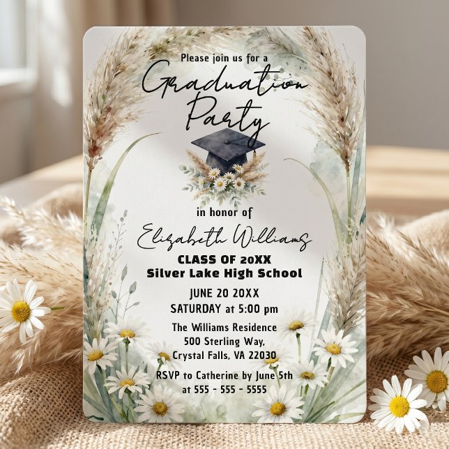 Convite Watercolor Pampas Grass Daisies Graduation Party (Criador carregado)
