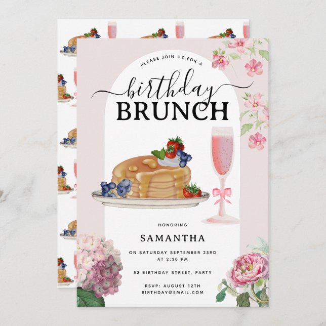 Convite Watercolor Pancakes Berries Brunch Birthday Party (Frente/Verso)